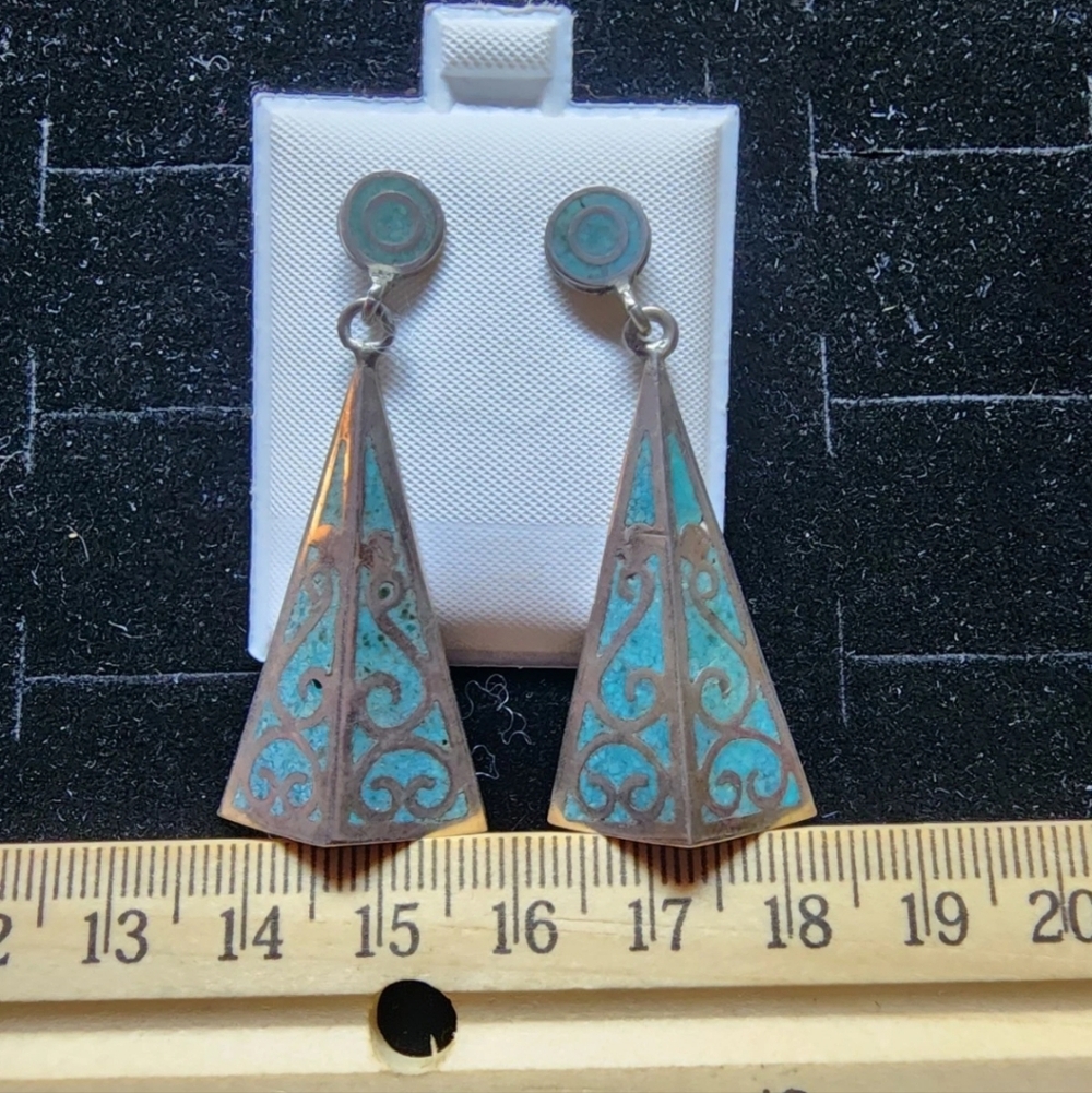 Sterling Silver/Turquoise Earrings Cathedral Style Drop Earrings Marked/Tested+